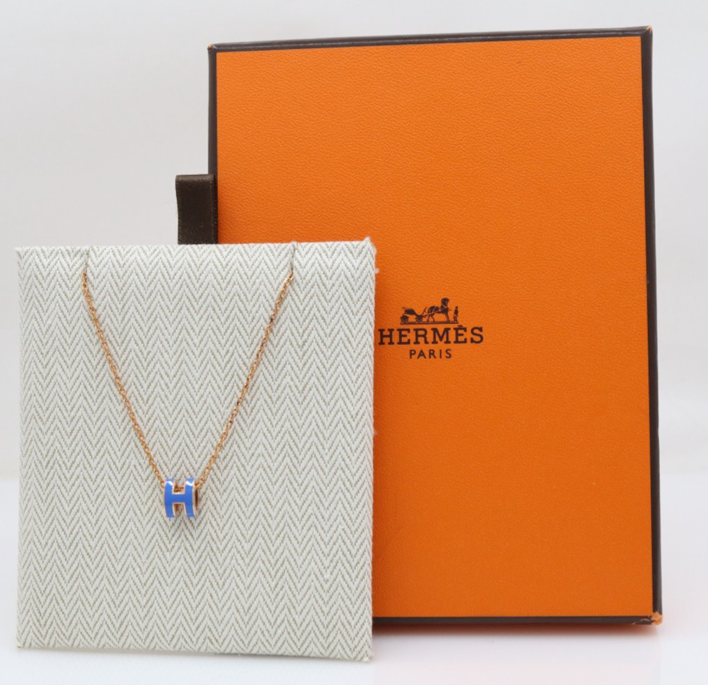 Hermes Mini Pop H Rose Gold Tone & Blue Enamel Pendant Necklace 16″