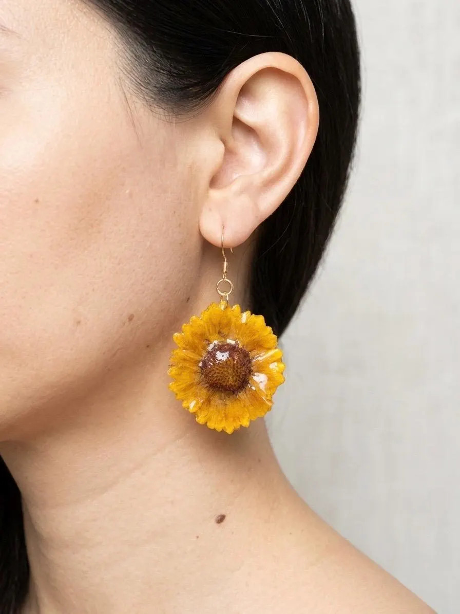 Real Mini Sunflower Resin Earrings | Preserved Flower | 18k Gold Plated Hooks