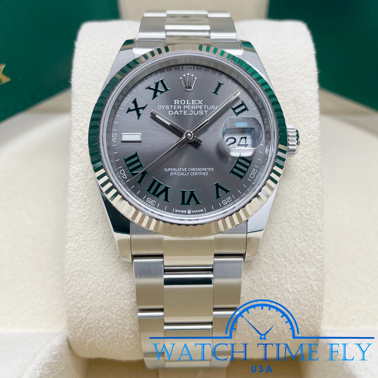 Rolex Datejust 36mm 126234 Fluted Bezel Wimbledon Rhodium Roman Dial Oyster Band