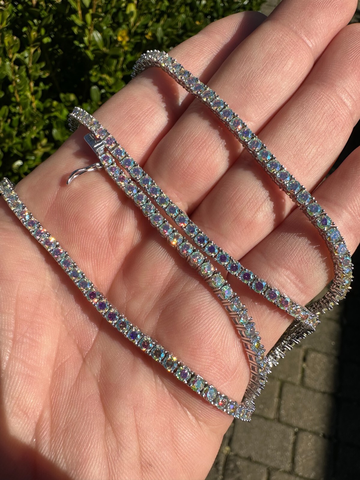 Real Opal Rainbow MOISSANITE 3mm Tennis Chain 925 Silver Iced Necklace Pass Test
