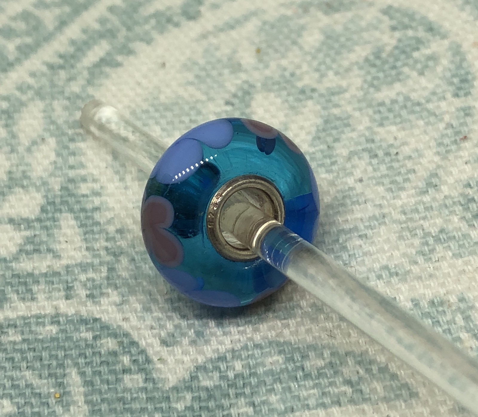 Authentic Trollbeads OOAK Periwinkle & Mauve Flowers on Turquoise UU, New