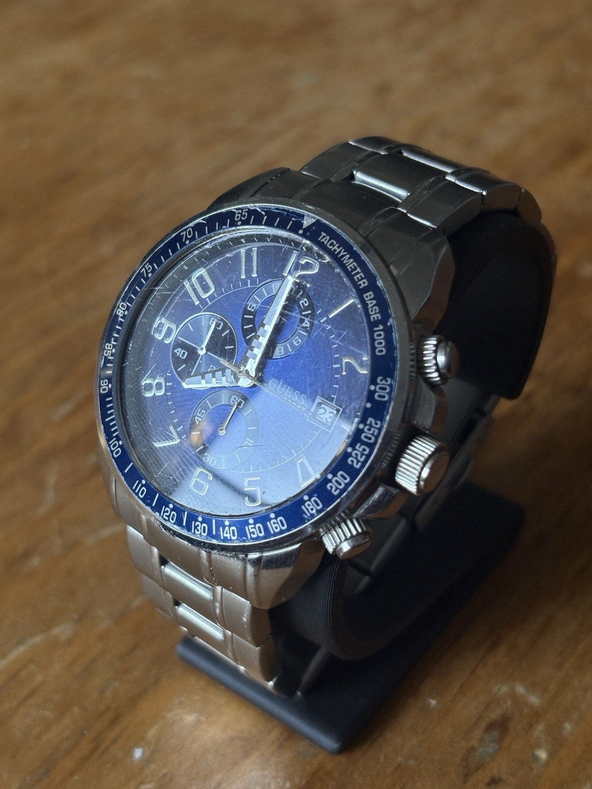GUESS Mens Blue Dial Quartz Chronograph Tachymeter Date SS Bracelet 100m