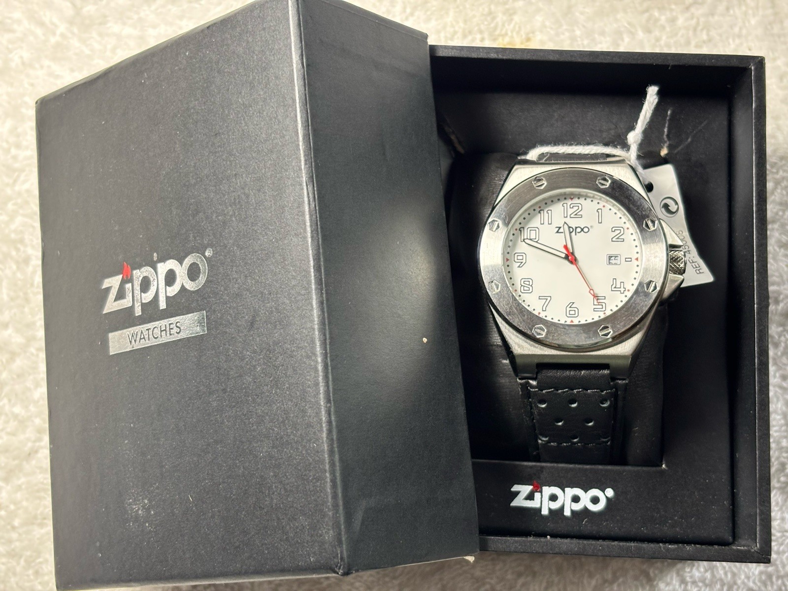 VTG-NOS Zippo 45008RG Black Leather Strap Quartz Movement White Dial Watch-OOP