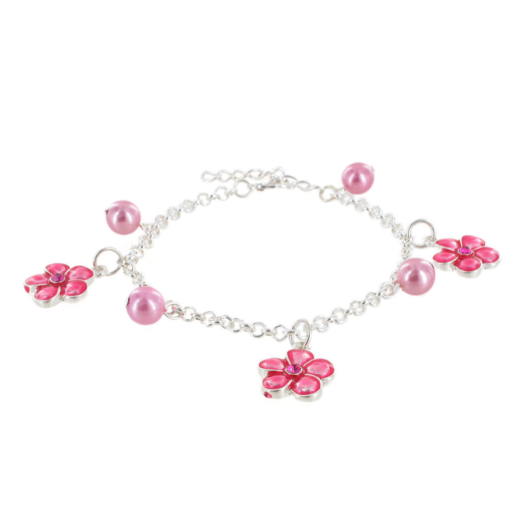 Pink Faux Pearl Flower Charm Bracelet Adjustable Silver Tone Chain 7.5-8.75″