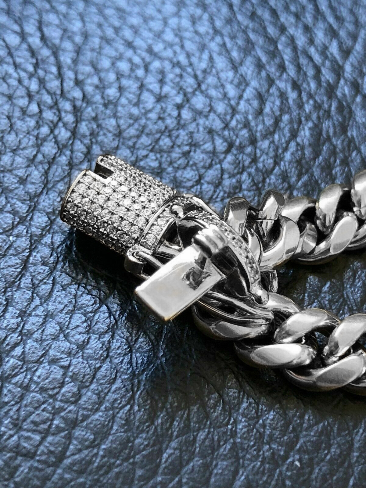 White Gold Plated Stainless Steel Miami Cuban Link Bracelet Chain With CZ Clasp