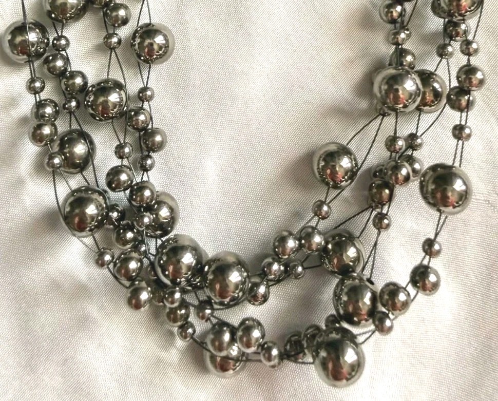 New Layered Silver Tone Multi Strand Necklace Floating Silver Tone Beads Trend