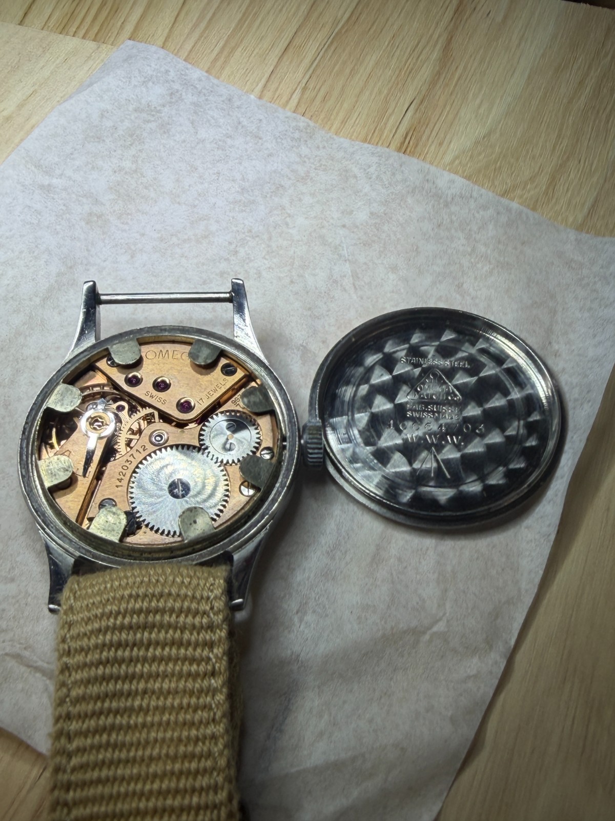 WWII Omega W.W.W. Dirty Dozen Watch Excellent Patina Dial AF0210 Strap