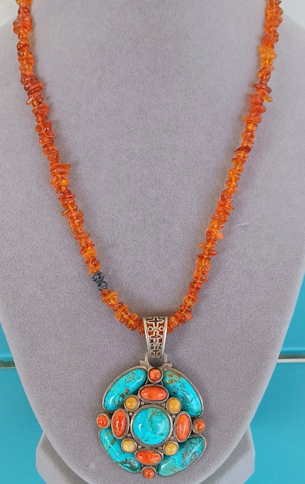 Vtg Barse Sterling Silver Turquoise Pendant Amber Bead Necklace