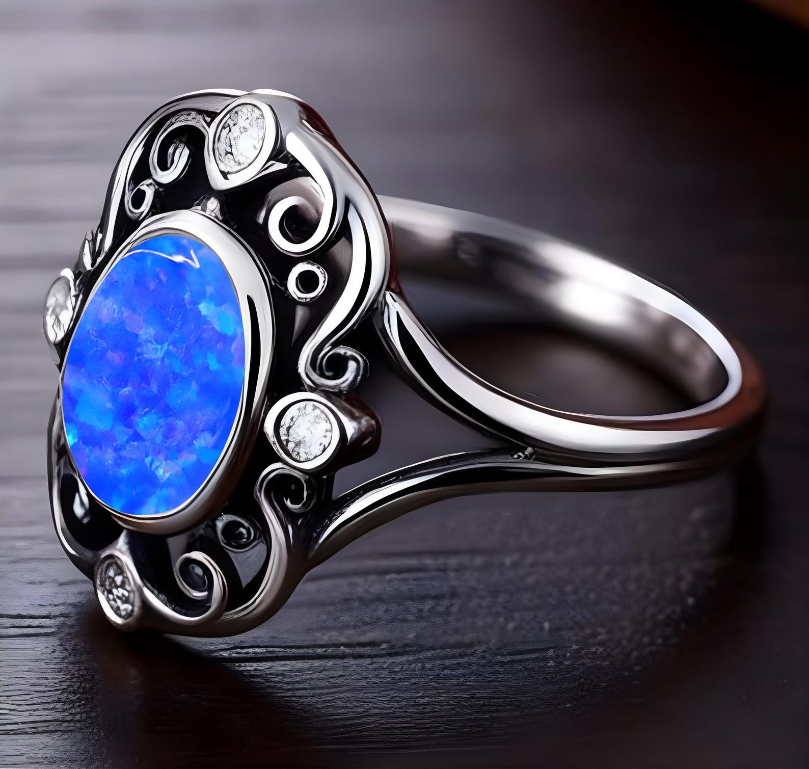 Blue Fire Opal Ring 925 Sterling Silver Black Ring Bridal Gift Ring Wedding Ring