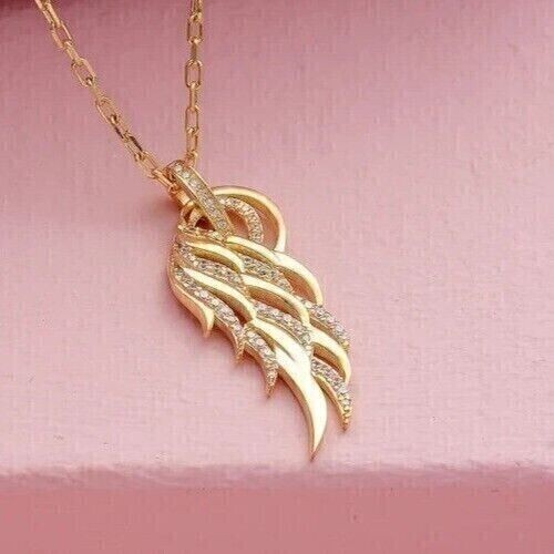 Round Cut Simulated Diamond Stunning Wing Charm Pendant 14K Yellow Gold Plated