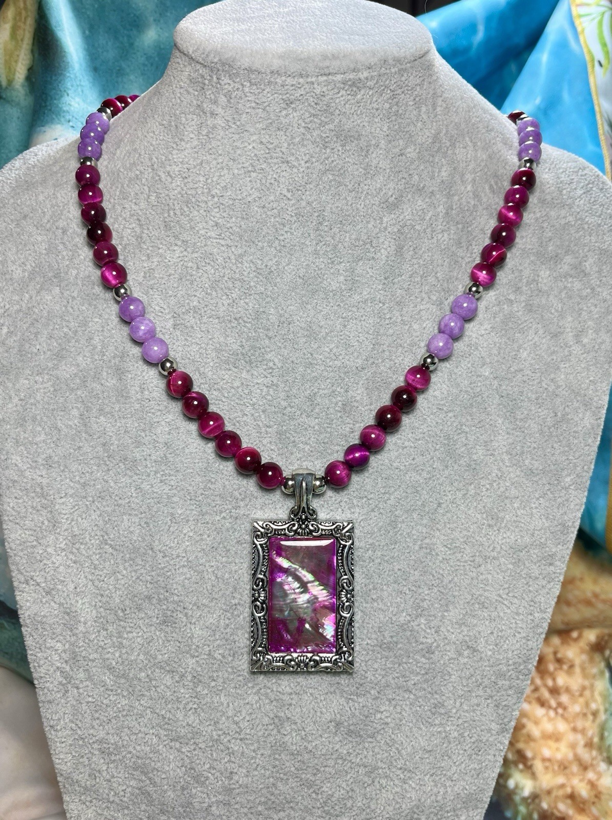 Gemstone Handmade Necklace Cherry Shell Pendant Cherry Tigers Eye Sugilite