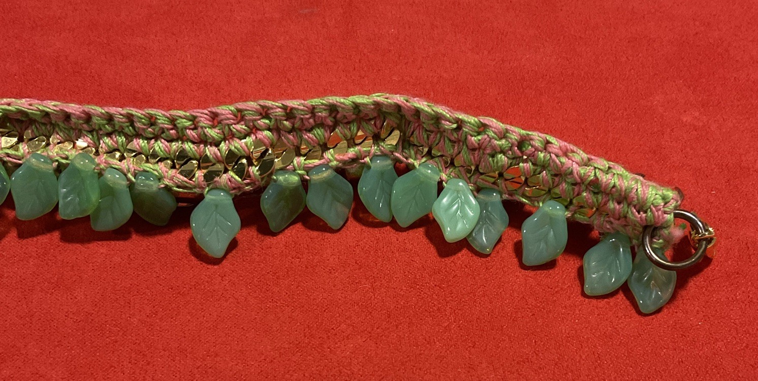 Venessa Arizaga Handcrafted Crochet Bracelet Faceted Green Crystals Leaf Charms