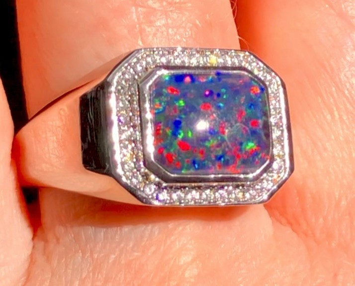 Heavy SS 10 SOLID Natural Australian Black Red Opal Men’s ring Signet SEE VIDEO