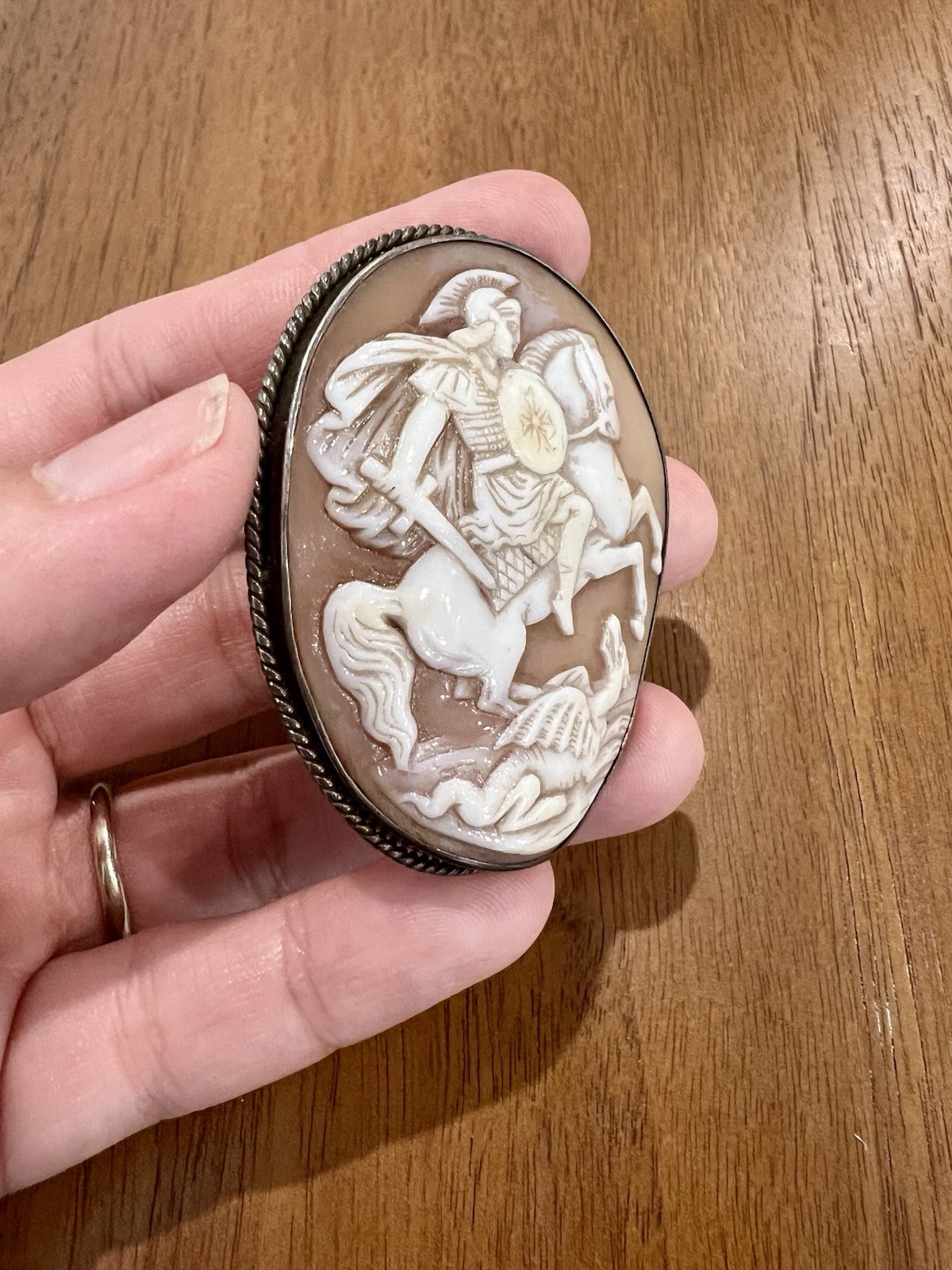 Large Antique 5.5cm Shell Cameo Brooch Saint George Slaying Dragon Silver c1920