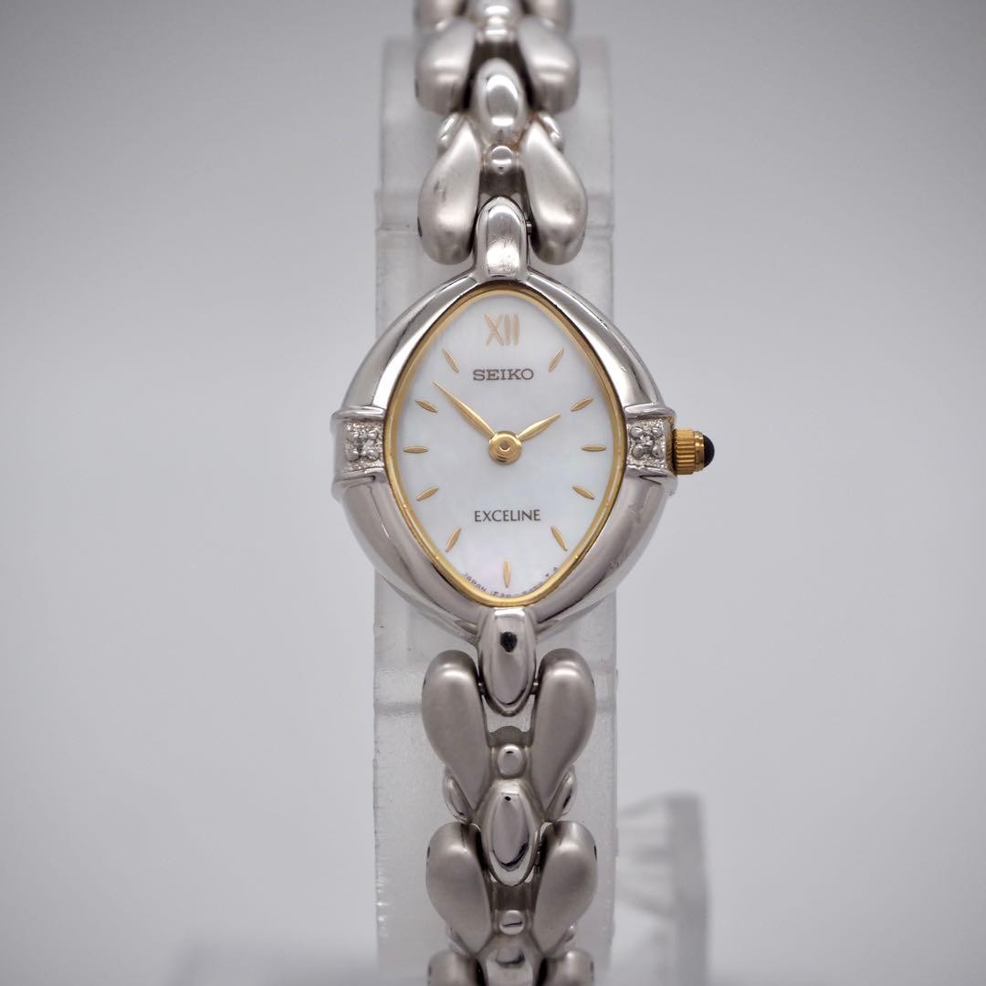 Seiko Exceline 2P Diamond Shell Oval White Quartz Ladies Watch Japan 0715240