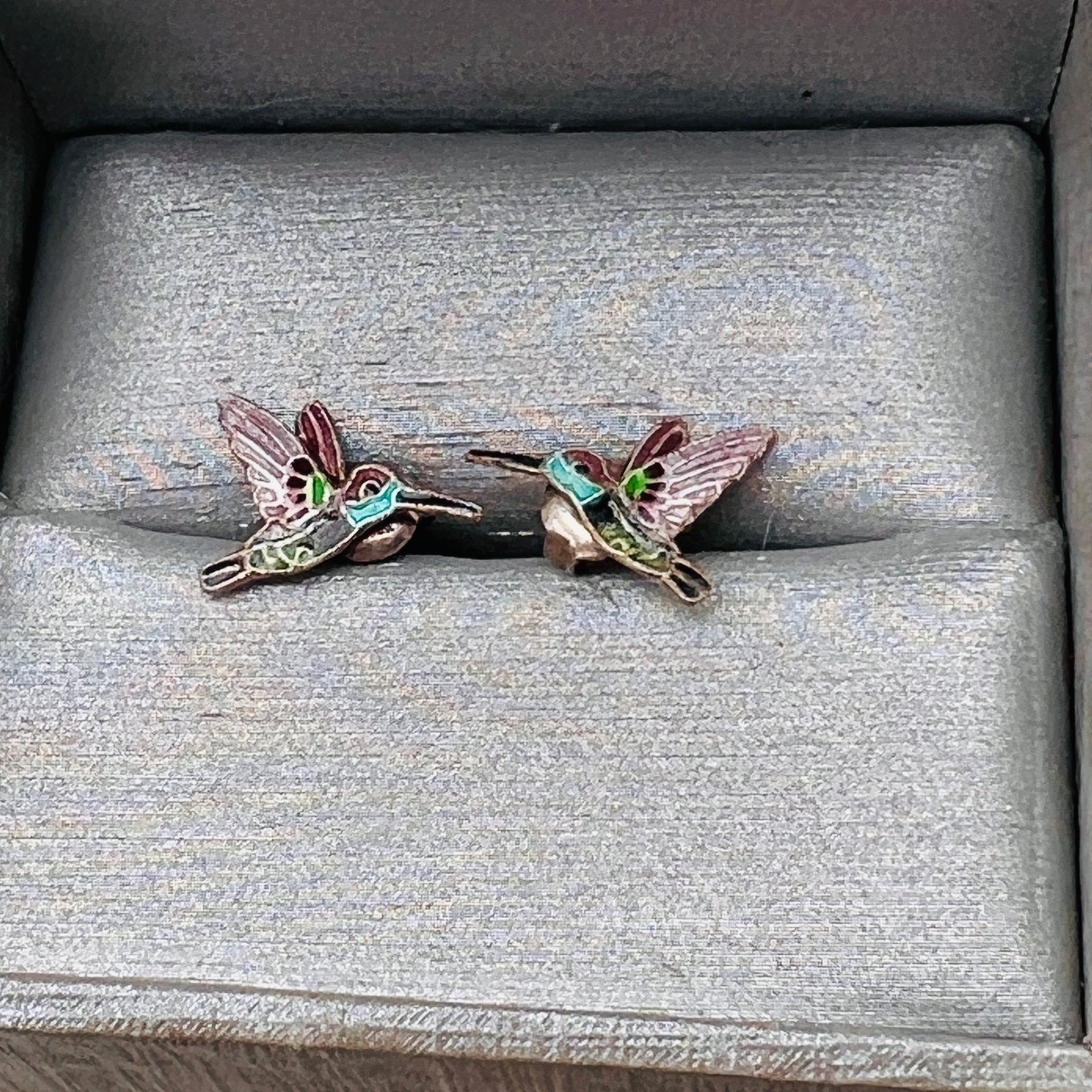 Vintage Enamel Hummingbird Stud Earrings Multi Color Silver Tone Bird Jewelry