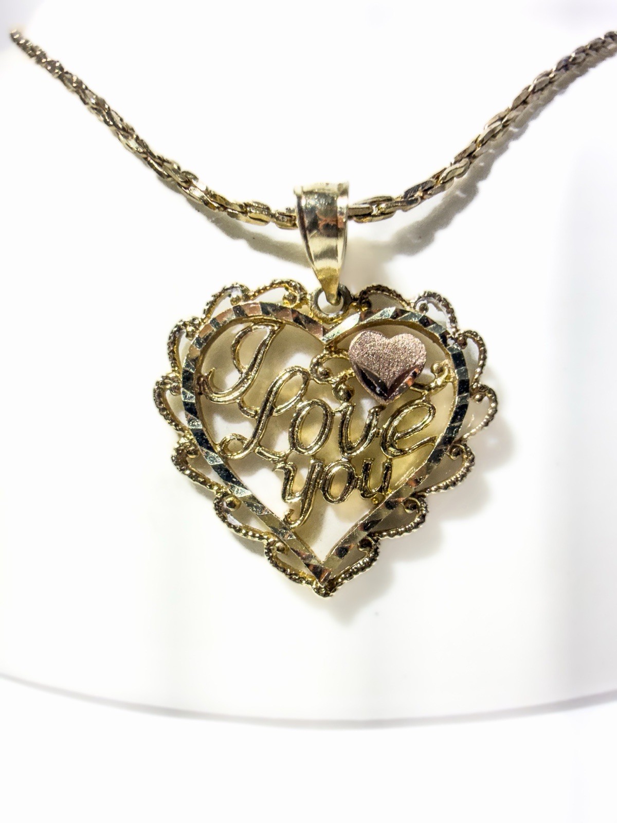 14k Yellow Gold Diamond Cut I Love You Heart Charm Pendant & 24 KGP Necklace