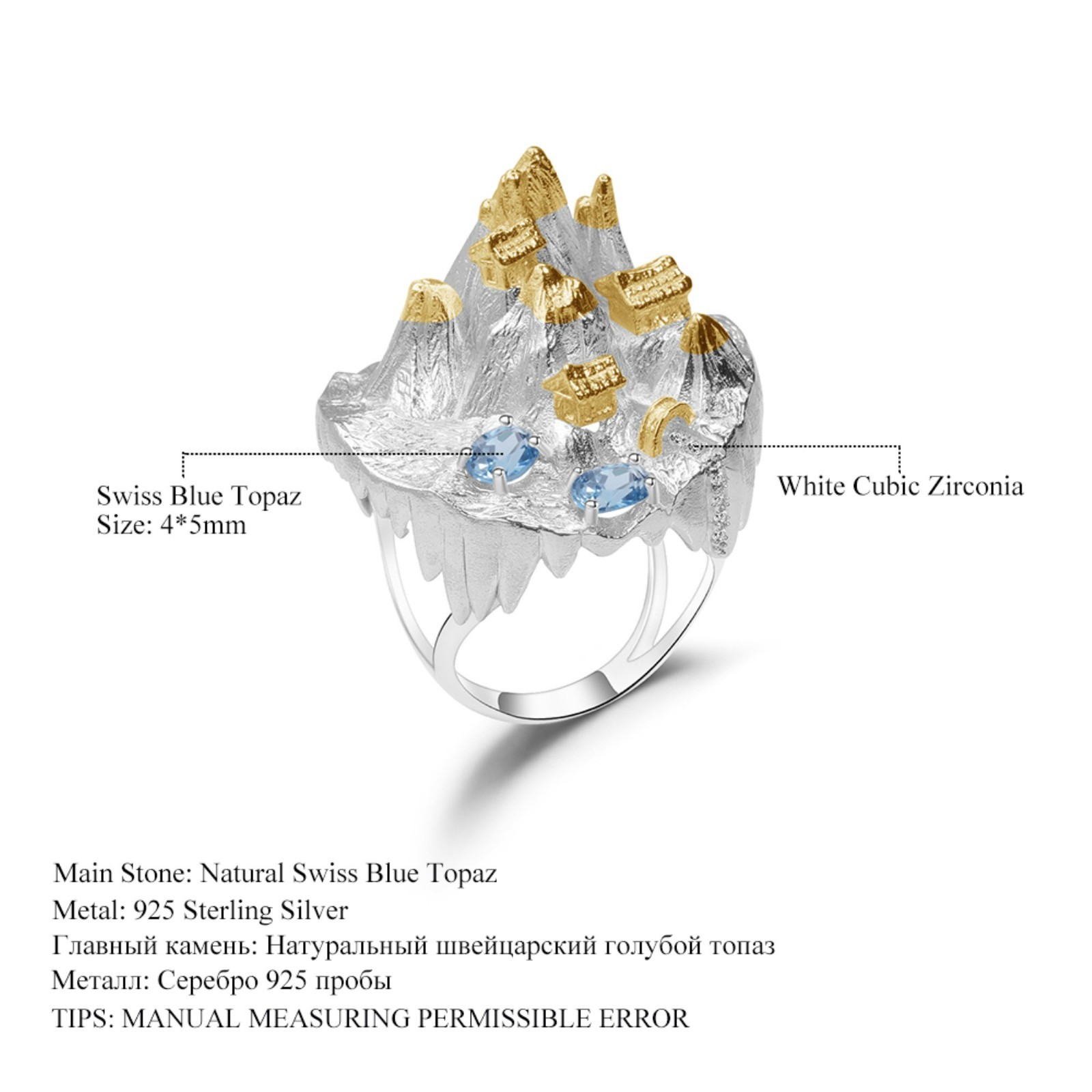 Natural Blue Topaz 0.86 CT Sterling Silver Gold Plated scenic Ring
