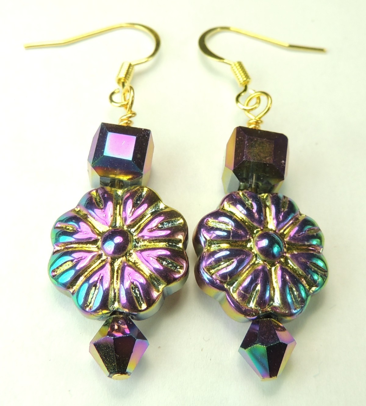 Shades of Purple Dangle/Drop Flowers Earrings Cube & Bicone Crystal Handmade