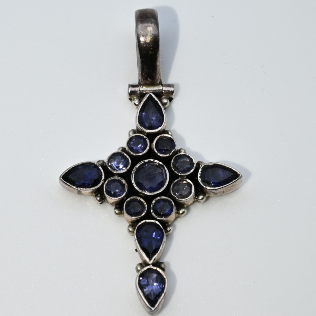 Sterling Silver Iolite Purple Gemstone Cross Pendant 925 Gothic Cluster Charm