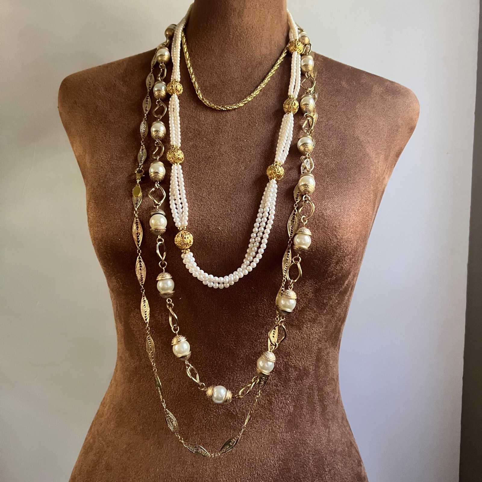 Vintage Multi Strand Faux Pearl Gold Tone Layered Necklace 18-40in Set of 4