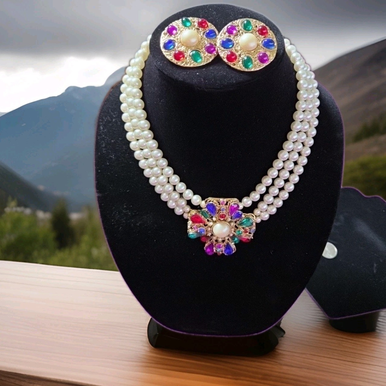 Retro 80s Maximalist Multi Gem Rhinestone Triple Strand Pearl Necklace Set