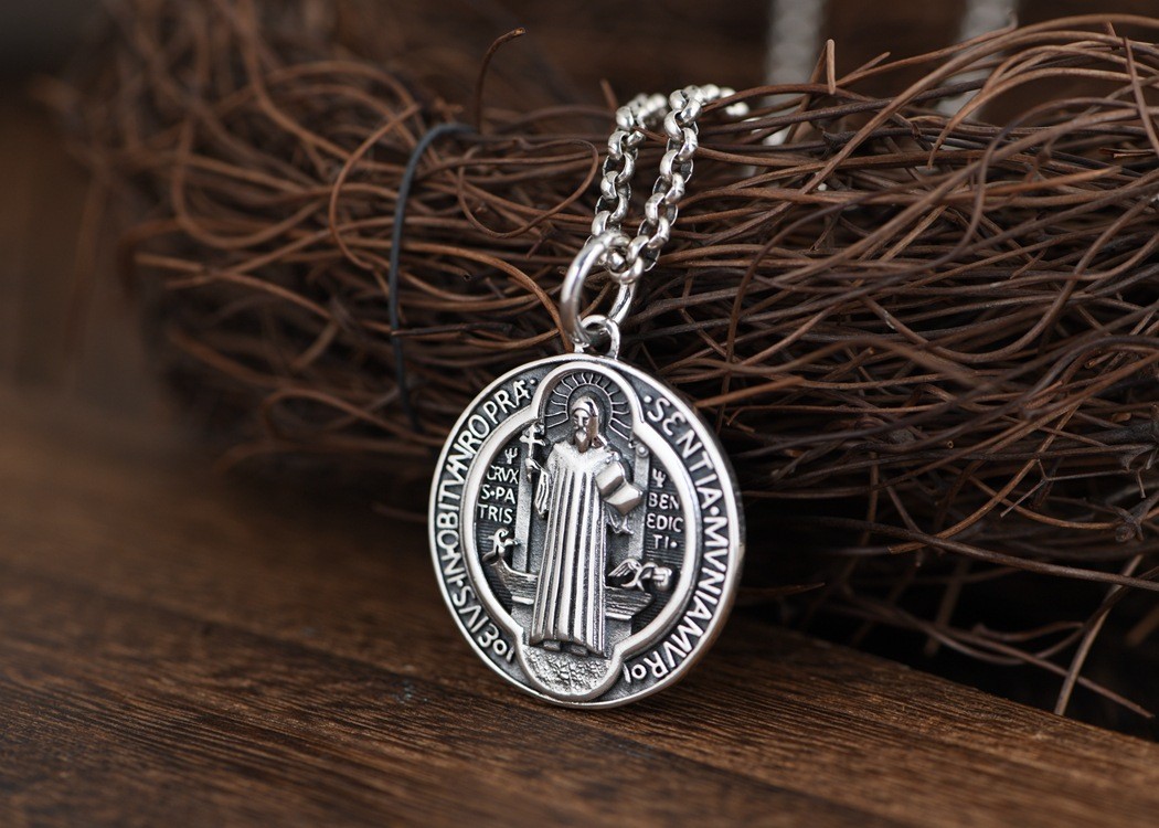 S925 Sterling Silver ST BENEDICT MEDAL Cross Pendant RELIGIOUS Protective Amulet