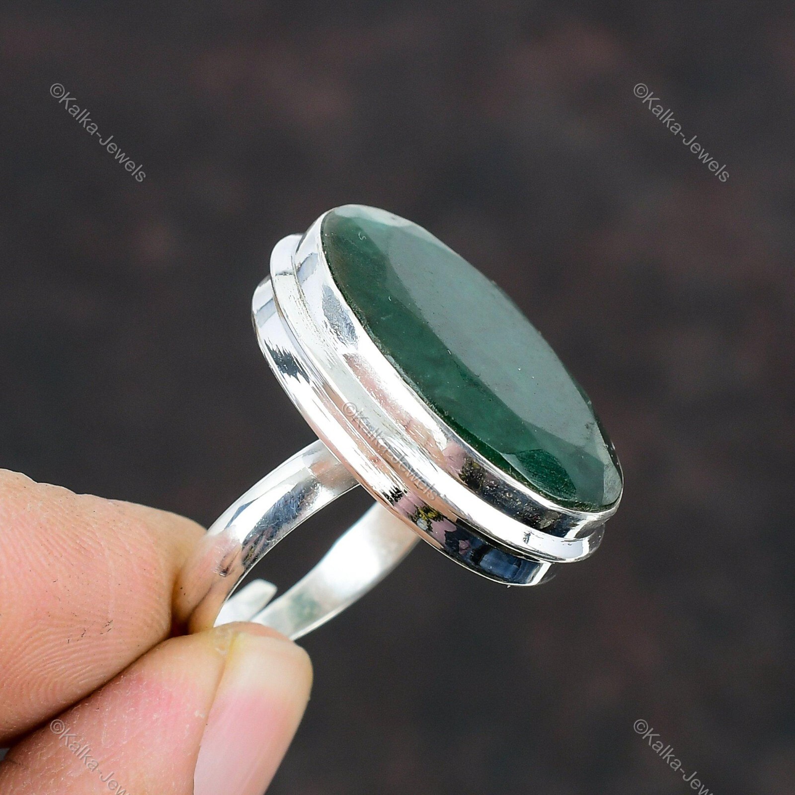 Natural Zambian Emrald Gemstone 925 Silver Solitaire Adjustable Ring For Women