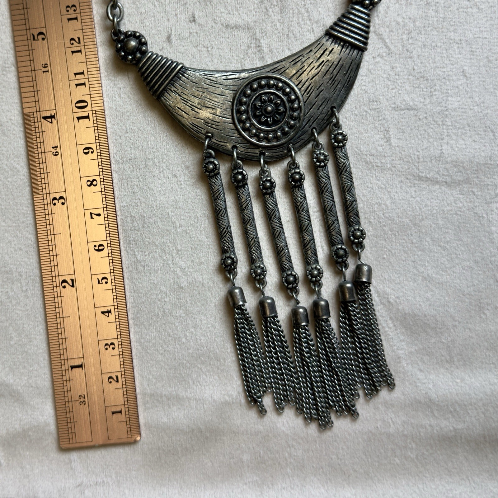 American Eagle Outfitters Silver Tone Boho Fringe Tassel Statement Necklace