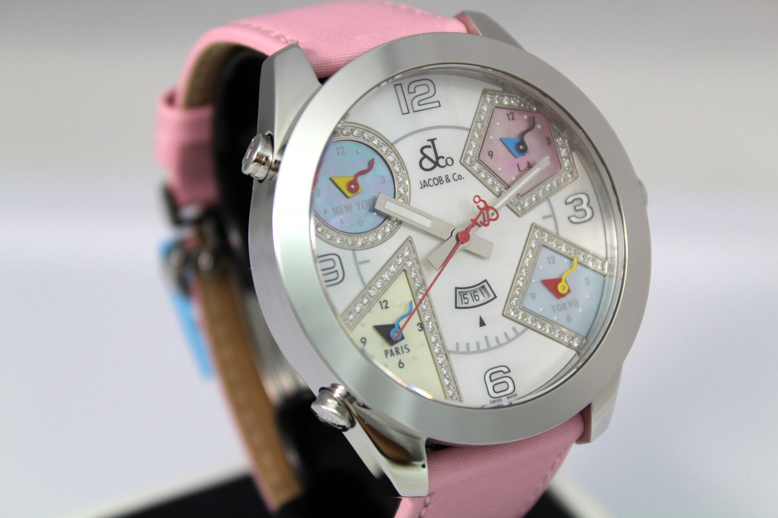 JACOB & CO 47MM 5 TIME ZONE JC24DA AUTHENTIC STAINLESS STEEL LADIES DIAMOND WATC