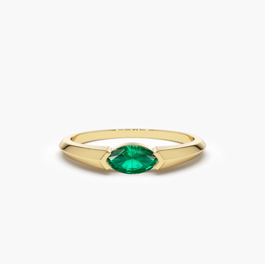 Gold Ring 14K 585 Yellow Gold Marquise Cut Emerald Ring Real and Natural