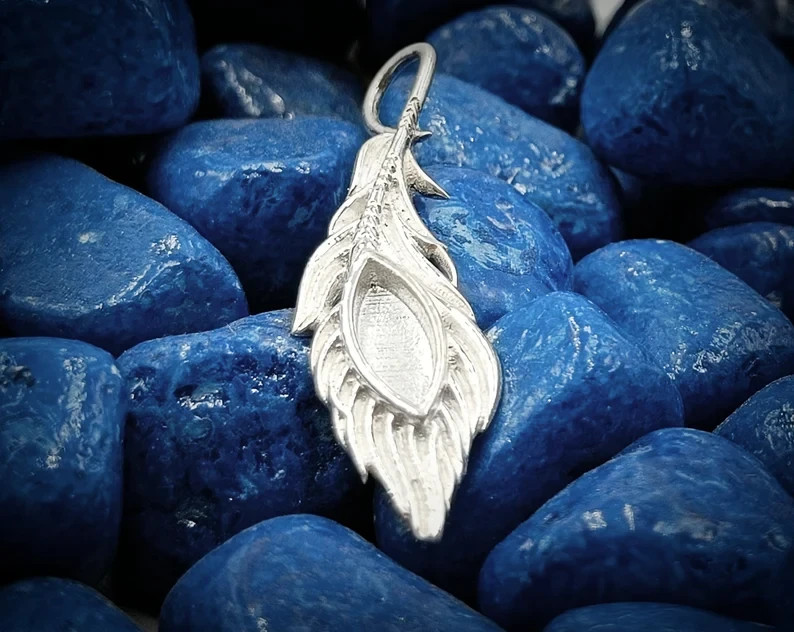 4x10mm Marquise & 37mm Feather Pendant 925 Silver Blank Bezel for Resin Jewelry