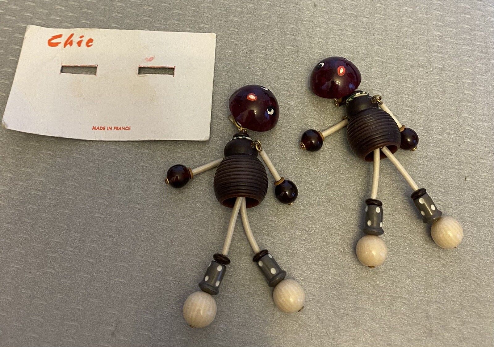 vintage French Celluloid Plastic Beaded Brown Girl Dangly Clip Paris Earrings 3″