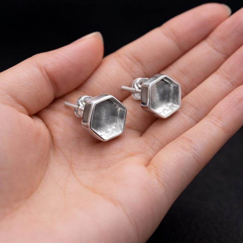 925 Sterling Silver Hexagon Bezel Stud Earrings Blank Cup for Resin Gemstone DIY