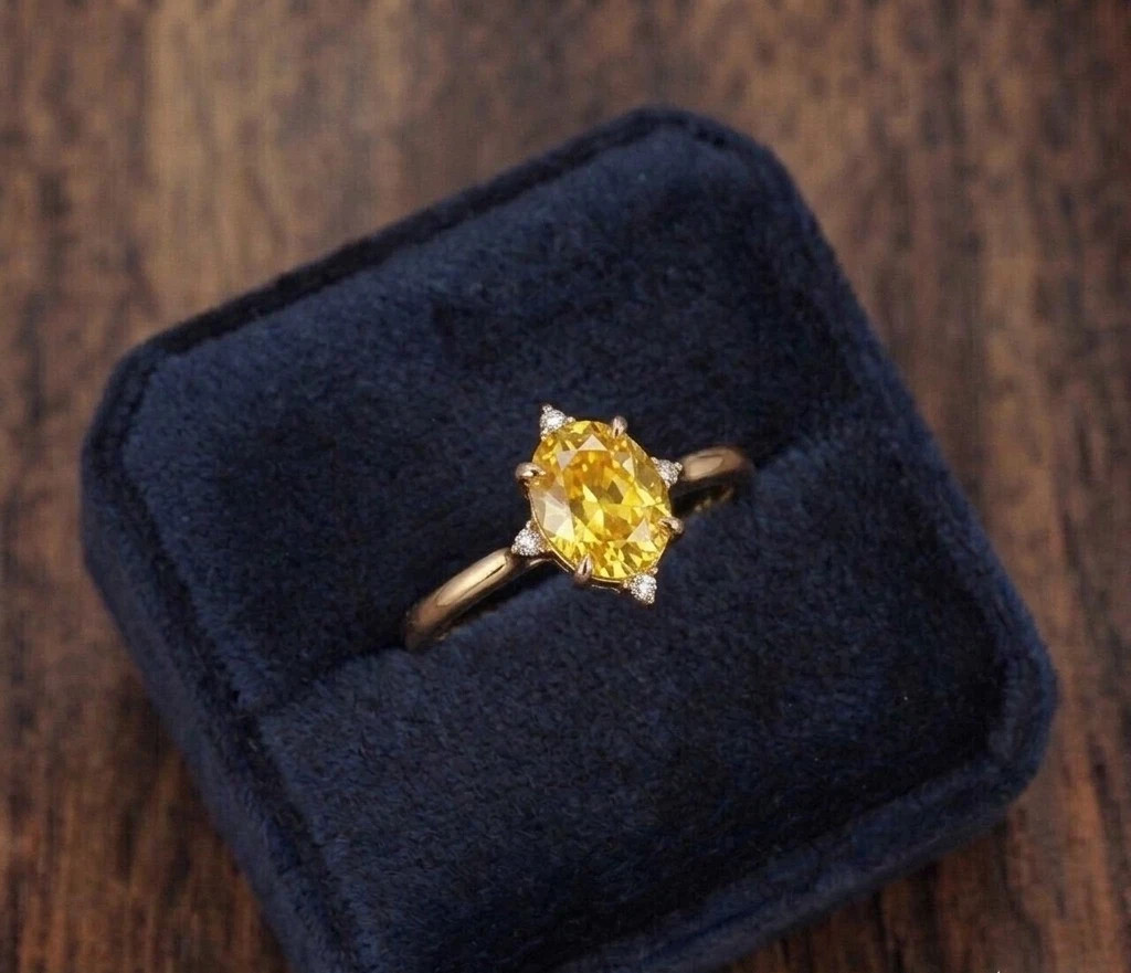 3.04 Ct Oval Cut Natural Sapphire Diamond Proposal Ring 14K Solid Yellow Gold