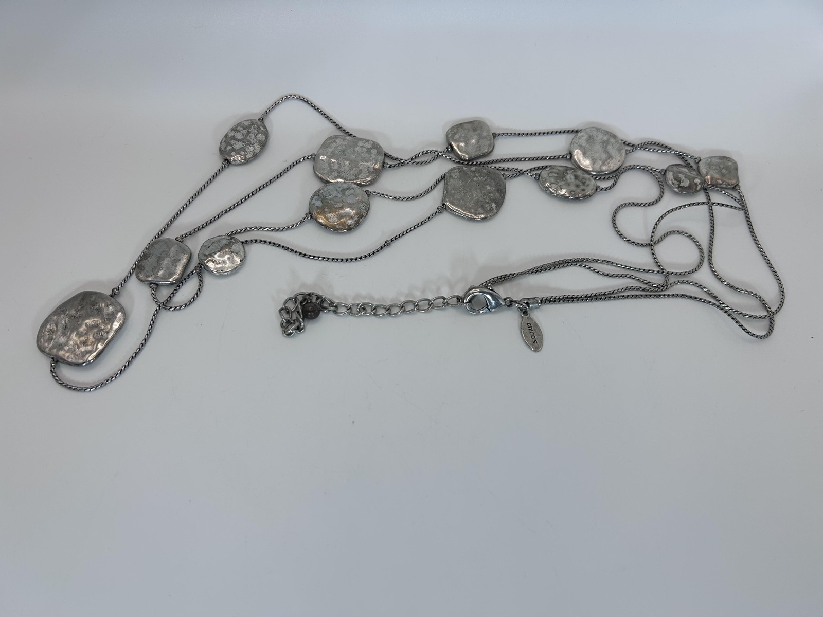 Chico’s Necklace Silver Layered Hammered Nugget Station Long 36 In