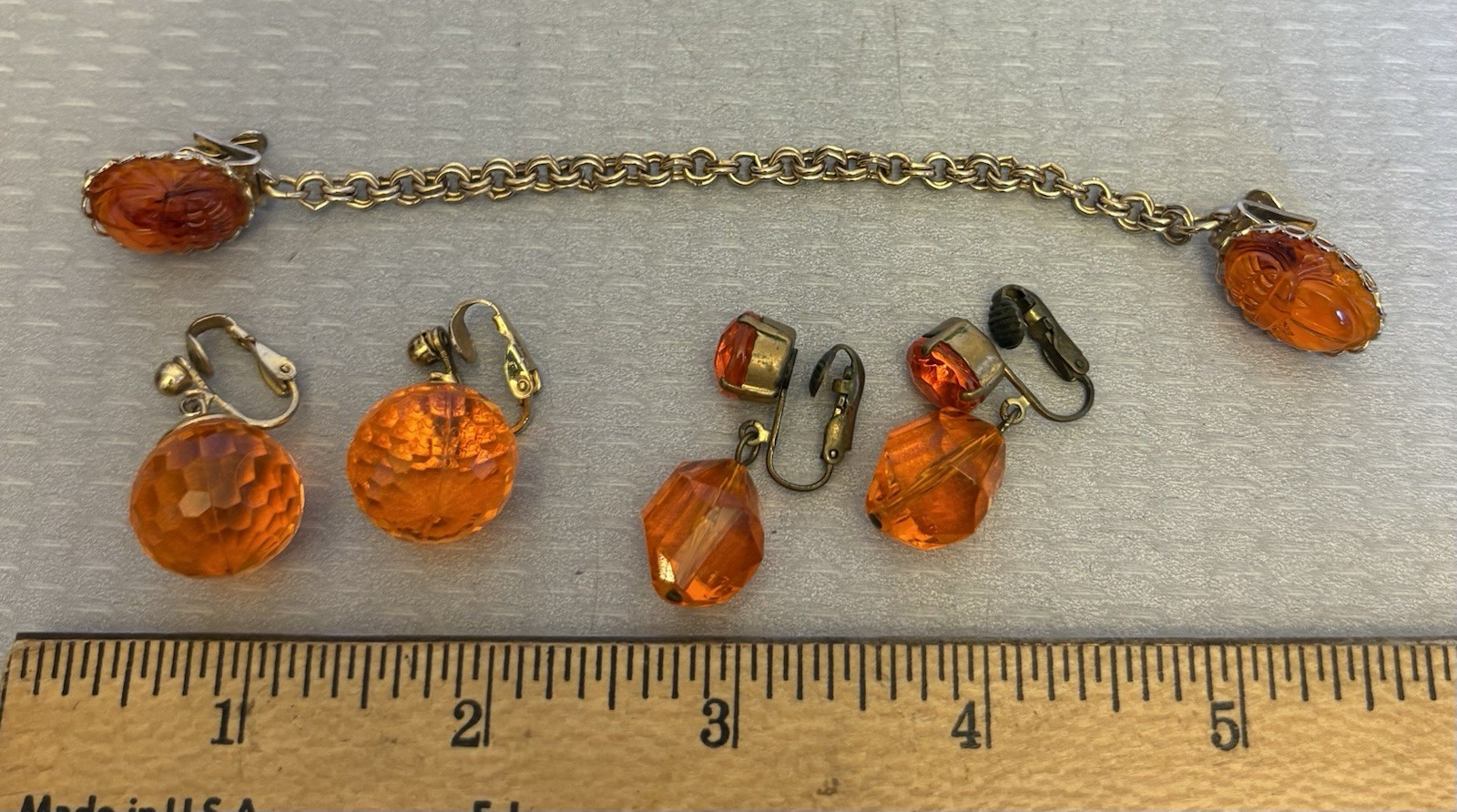 60s Mod Vintage UV GLOWS Neon Orange Clear Lucite Costume Jewelry Lot Clips 3P