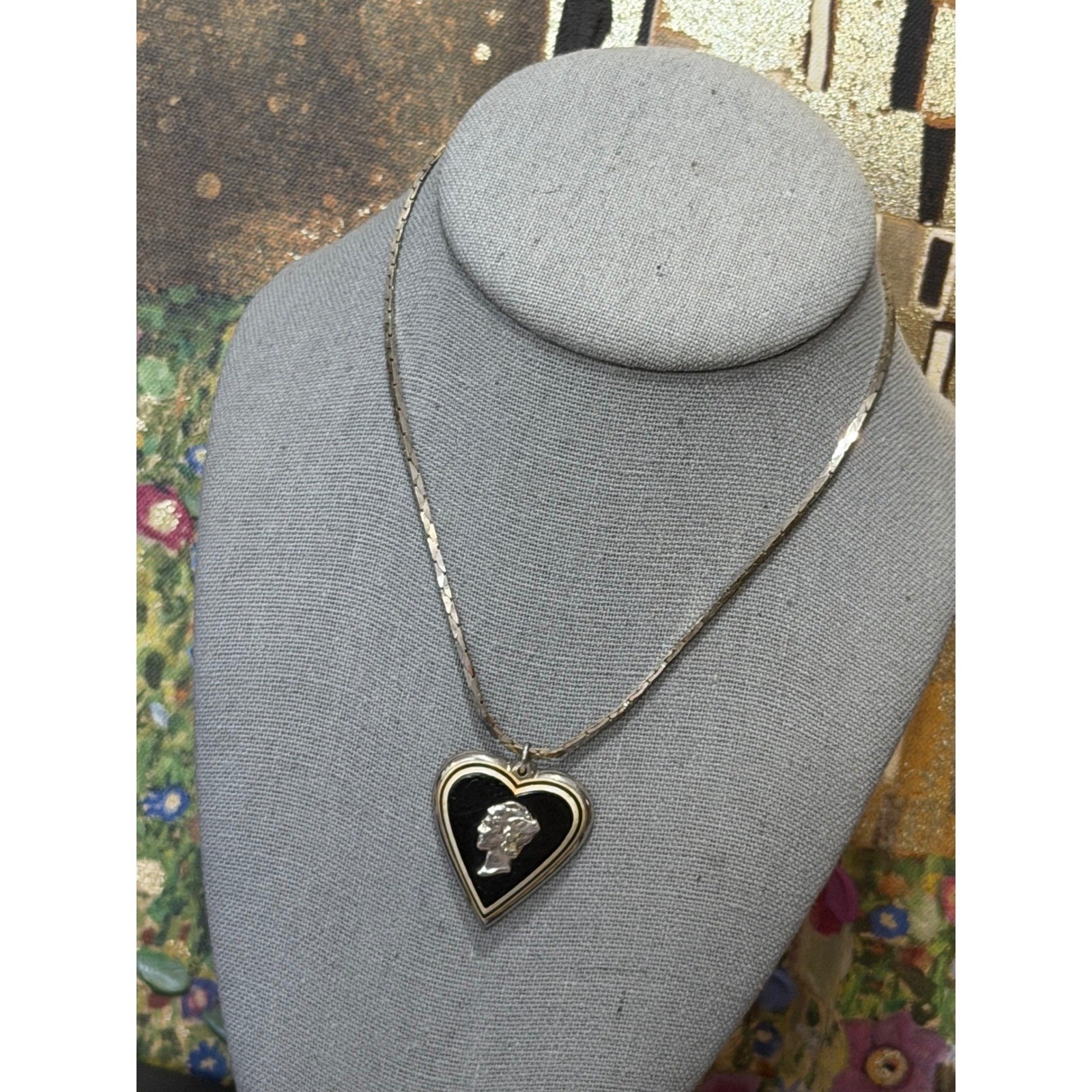 Vintage Mercury Dime Heart Cameo Pendant Silver Tone Black Enamel Sweetheart