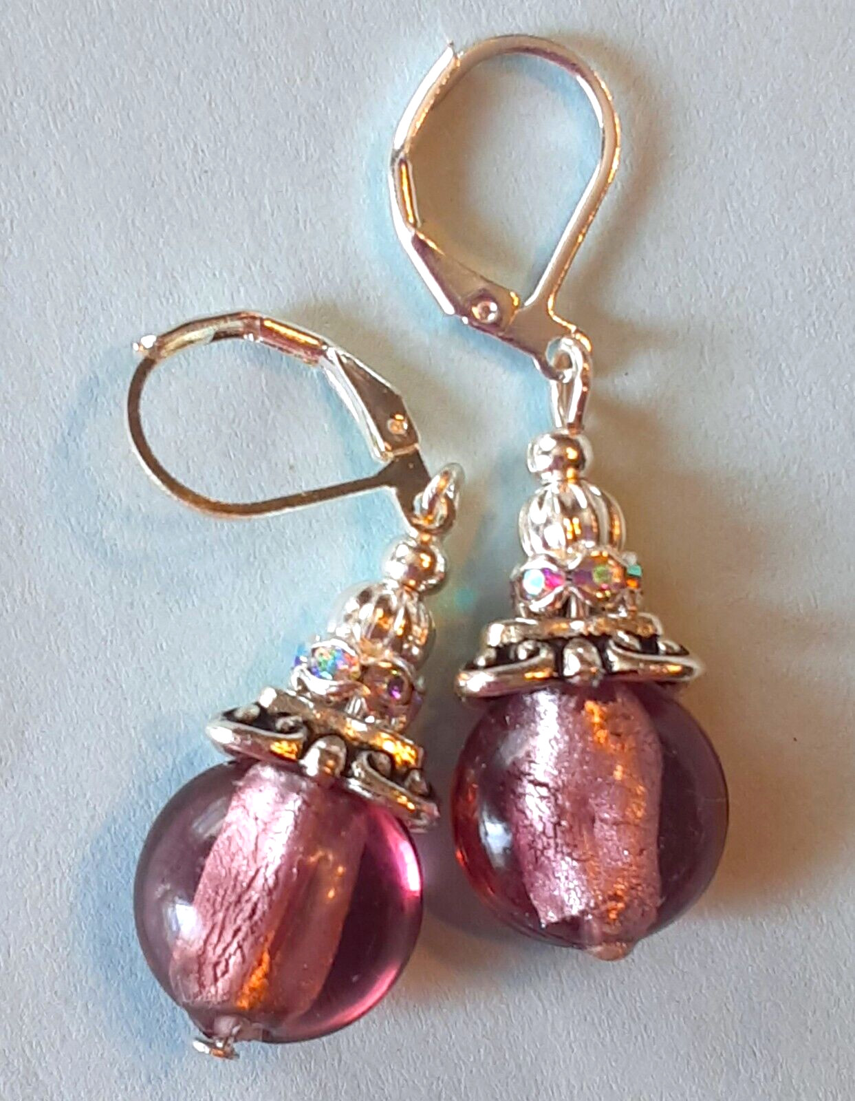 Foil LAMPWORK PLUM & AB CRYSTAL earring SP LEVERBACK handcrafted XLW