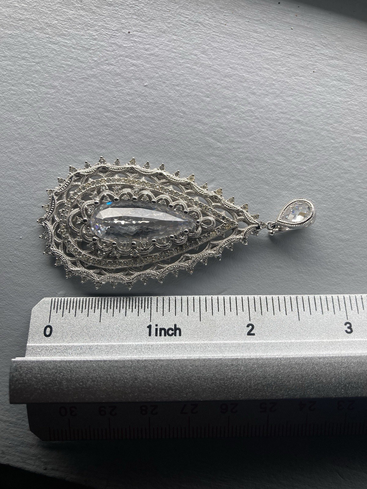 Big, Ornate Wedding Cocktail Party Teardrop Silver Pendant. Gem. Clip Bale.