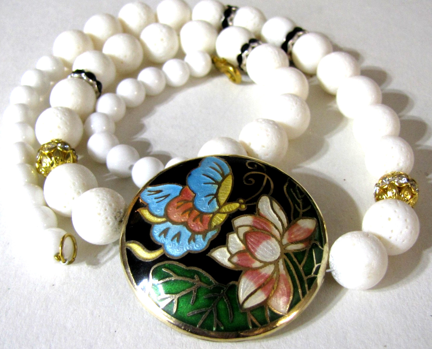Vintage Cloisonné Butterfly Lotus Pendant Necklace White Sponge Coral Glass Bead
