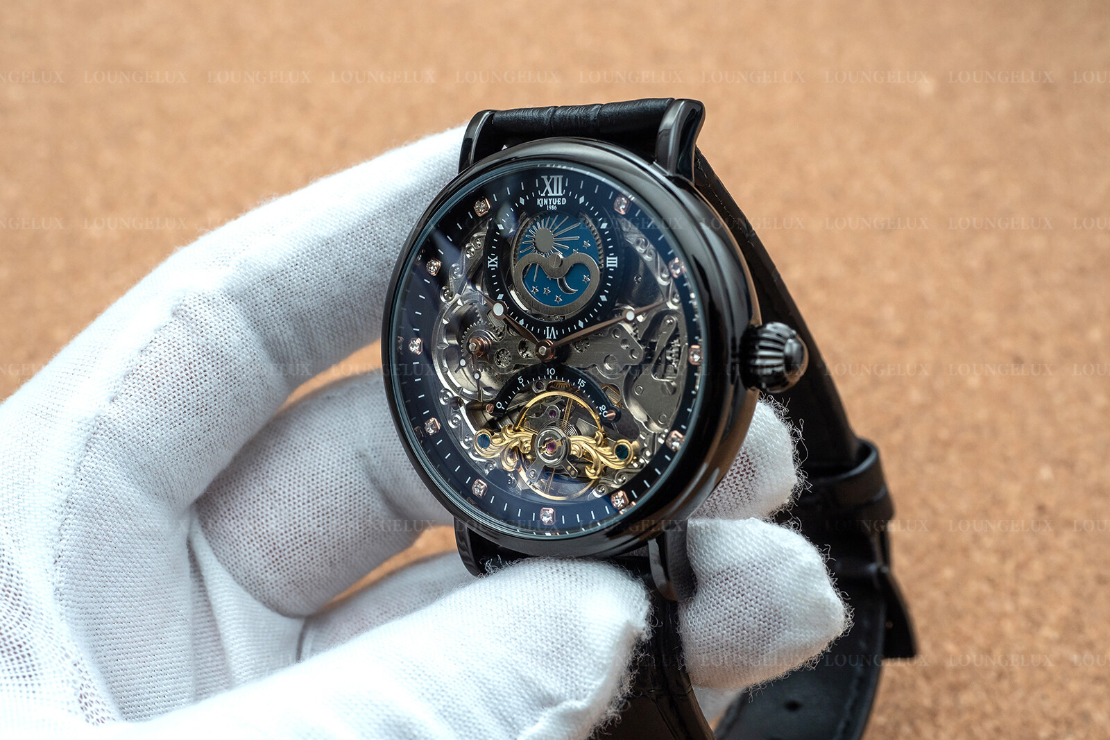Mens Dual Time Flywheel Skeleton Automatic Mechanical Watch Black Leather Band