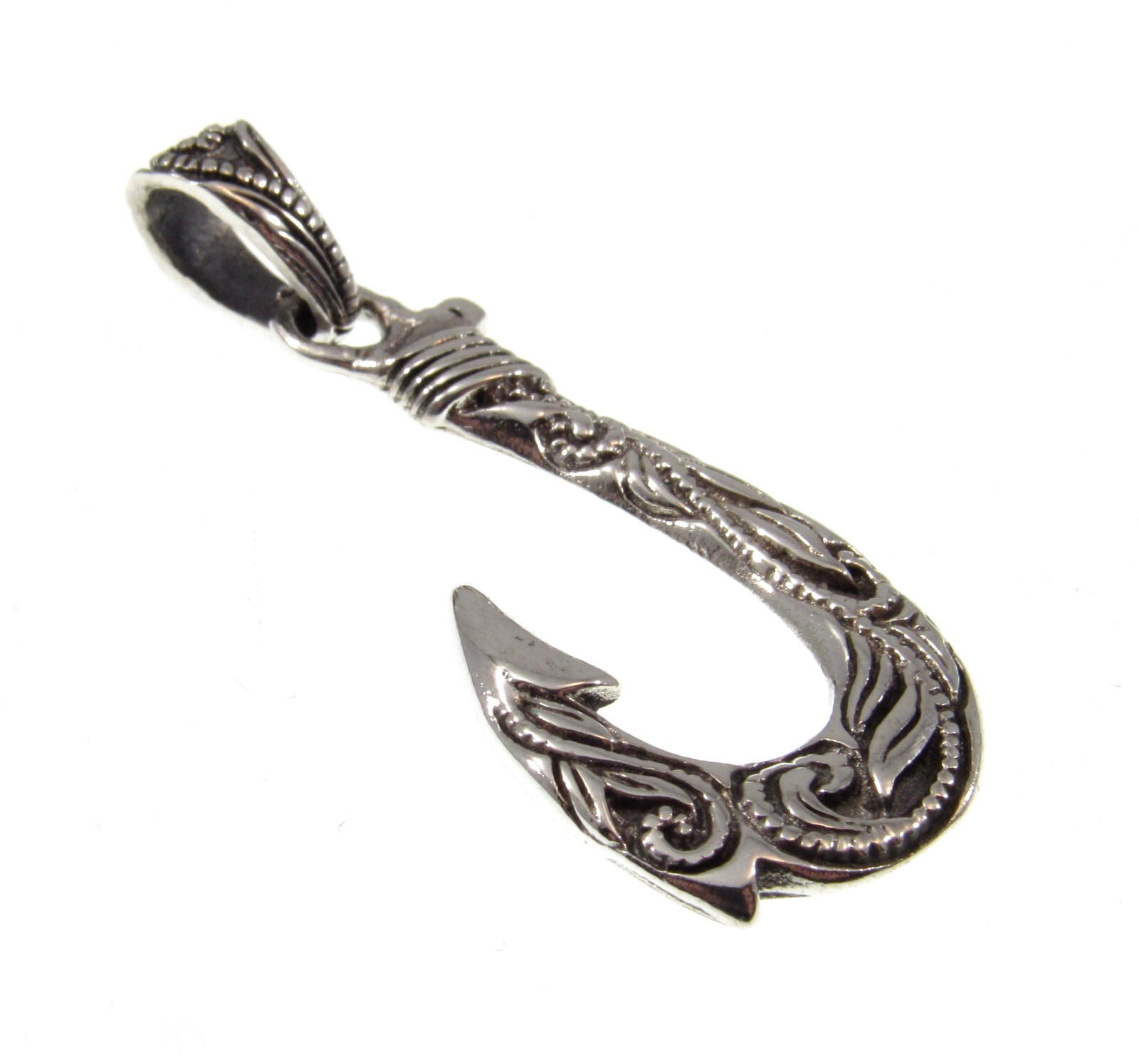 Solid 925 Sterling Silver Ornate Filigree Nautical J Hook Fish Hook Pendant