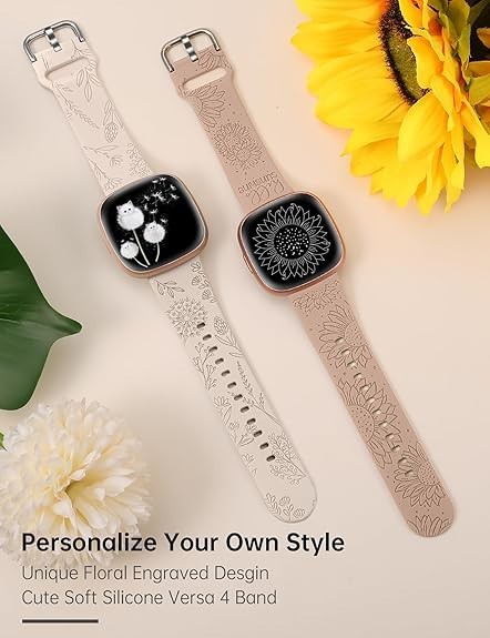 2 Packs Floral Engraved Band Compatible with Fitbit Versa 4/Versa 3/Se