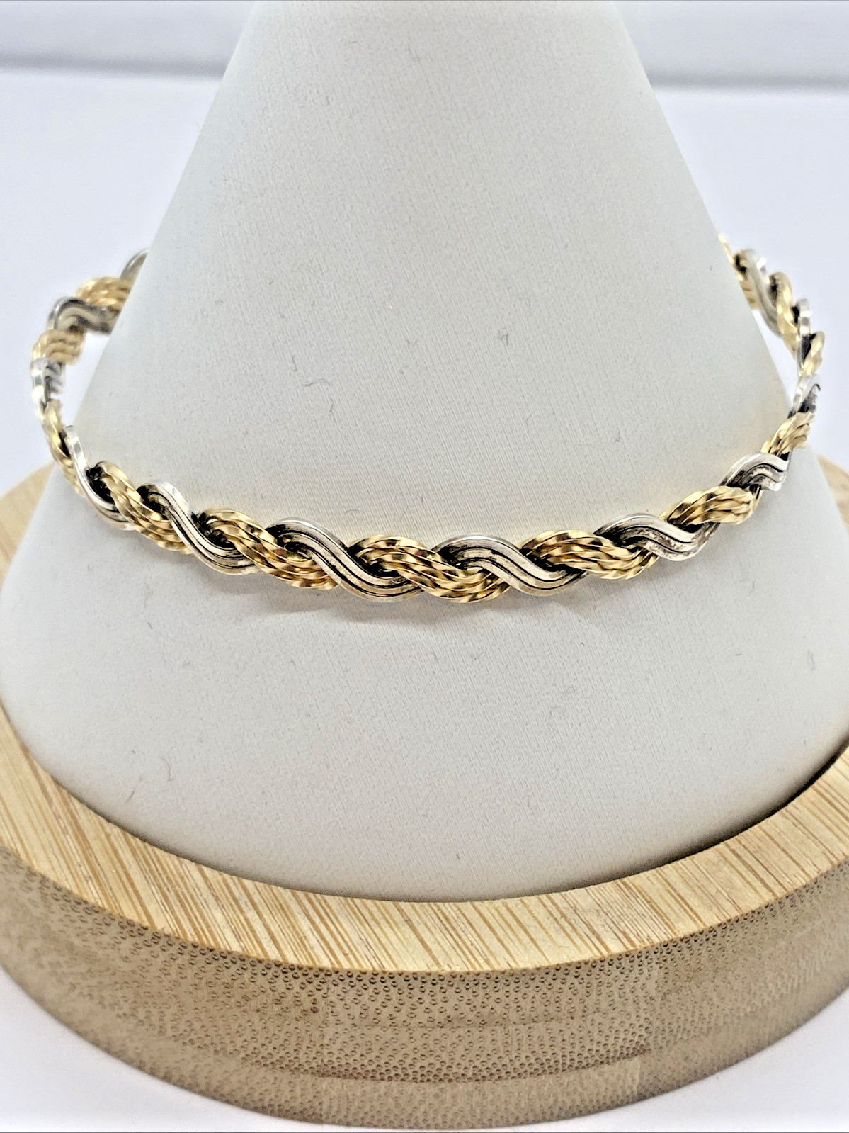 925 Sterling Silver Two Tone Twisted Woven Bangle Bracelet 7.75” (8.8 Grams)