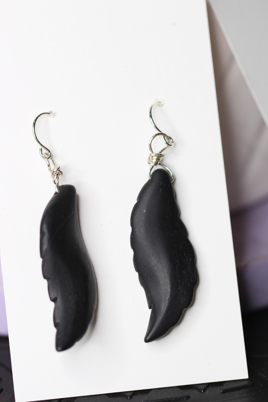 Graphite Black Leaf Carved Gemstone 925 Sterling Silver Wrapped Earrings 2 1/8″