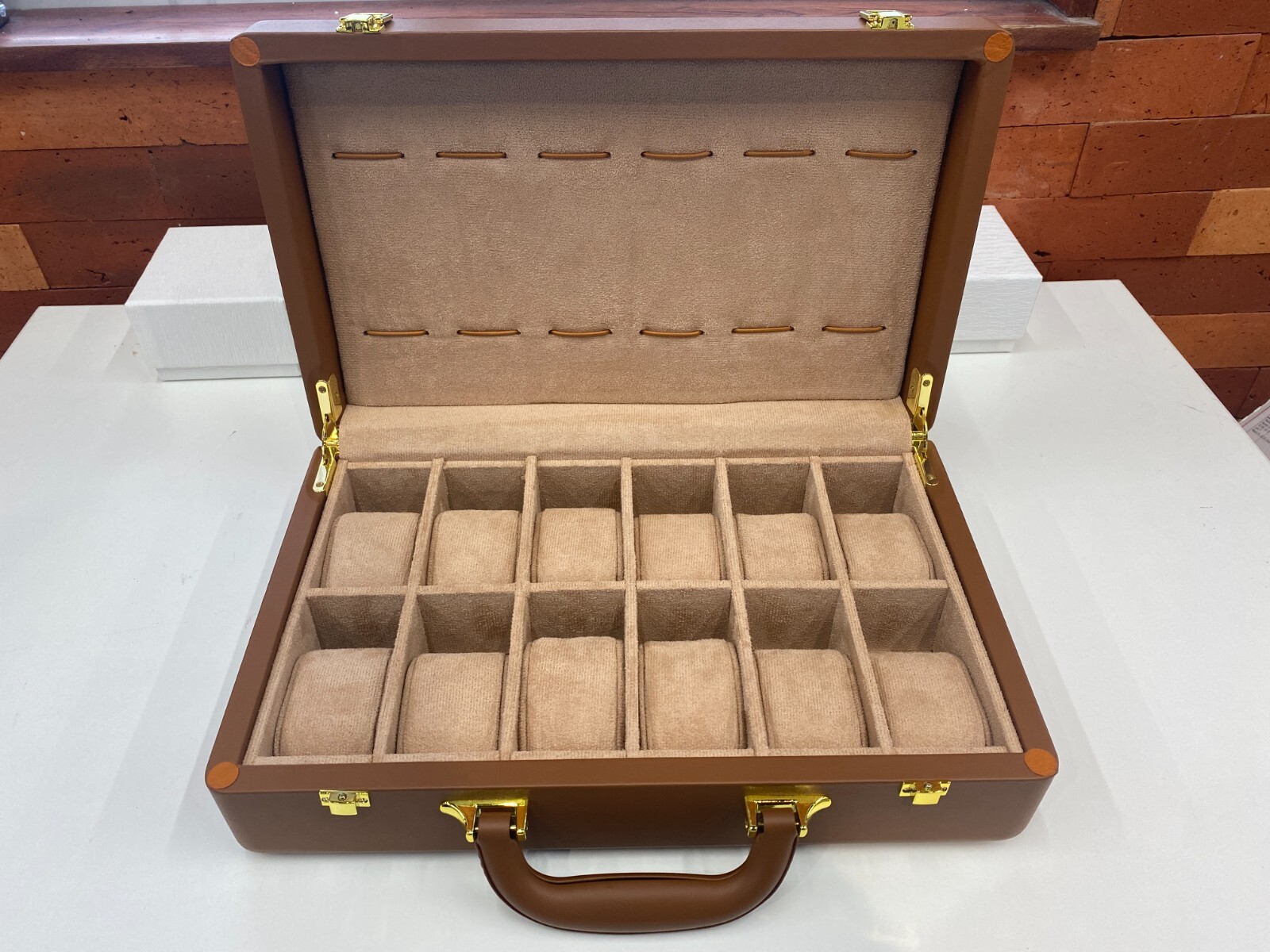 Brown Leather Watch Suitcase 12 Slot Travel Storage Case Microfiber interior