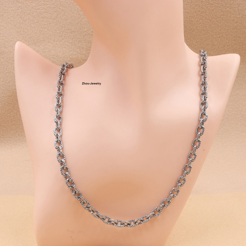 Real 925 Sterling Silver 6.5mm Hammered Cable Chain Necklace 21.6″L Jewelry Gift