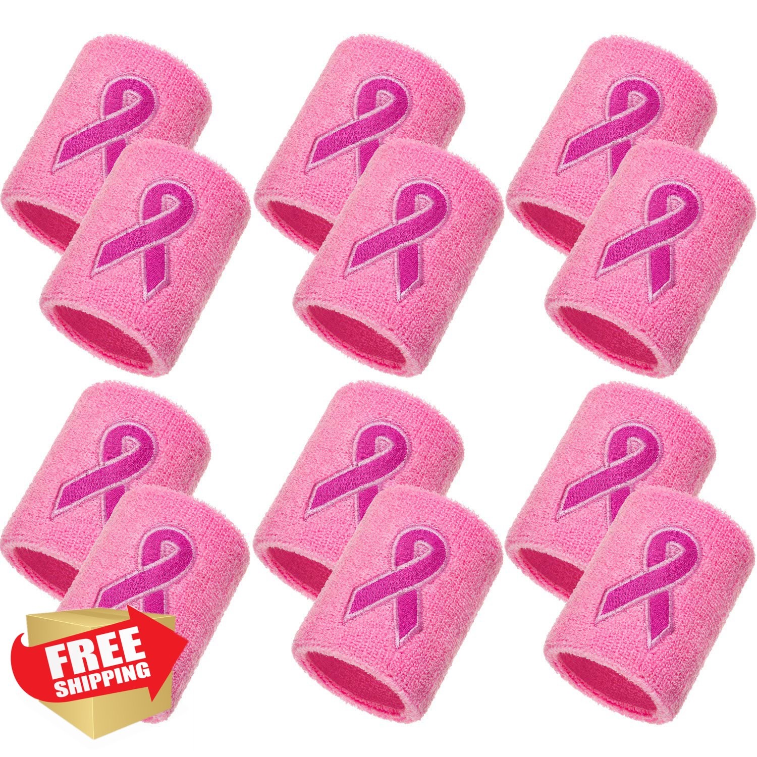 12 Pack Pink Ribbon Breast Cancer Awareness Wristbands Bulk Sweatbands