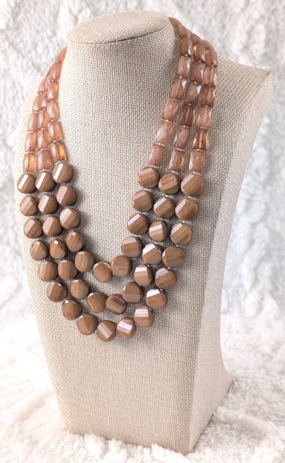 J.Jill Multi Strand Glass Bead Statement Necklace Brown Tan Peach Gold Tone